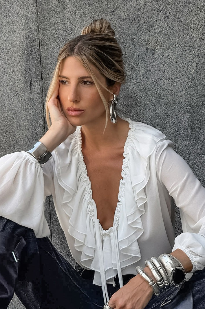 Vintage Ruffle Tie V-Neck Lantern Sleeve Blouse