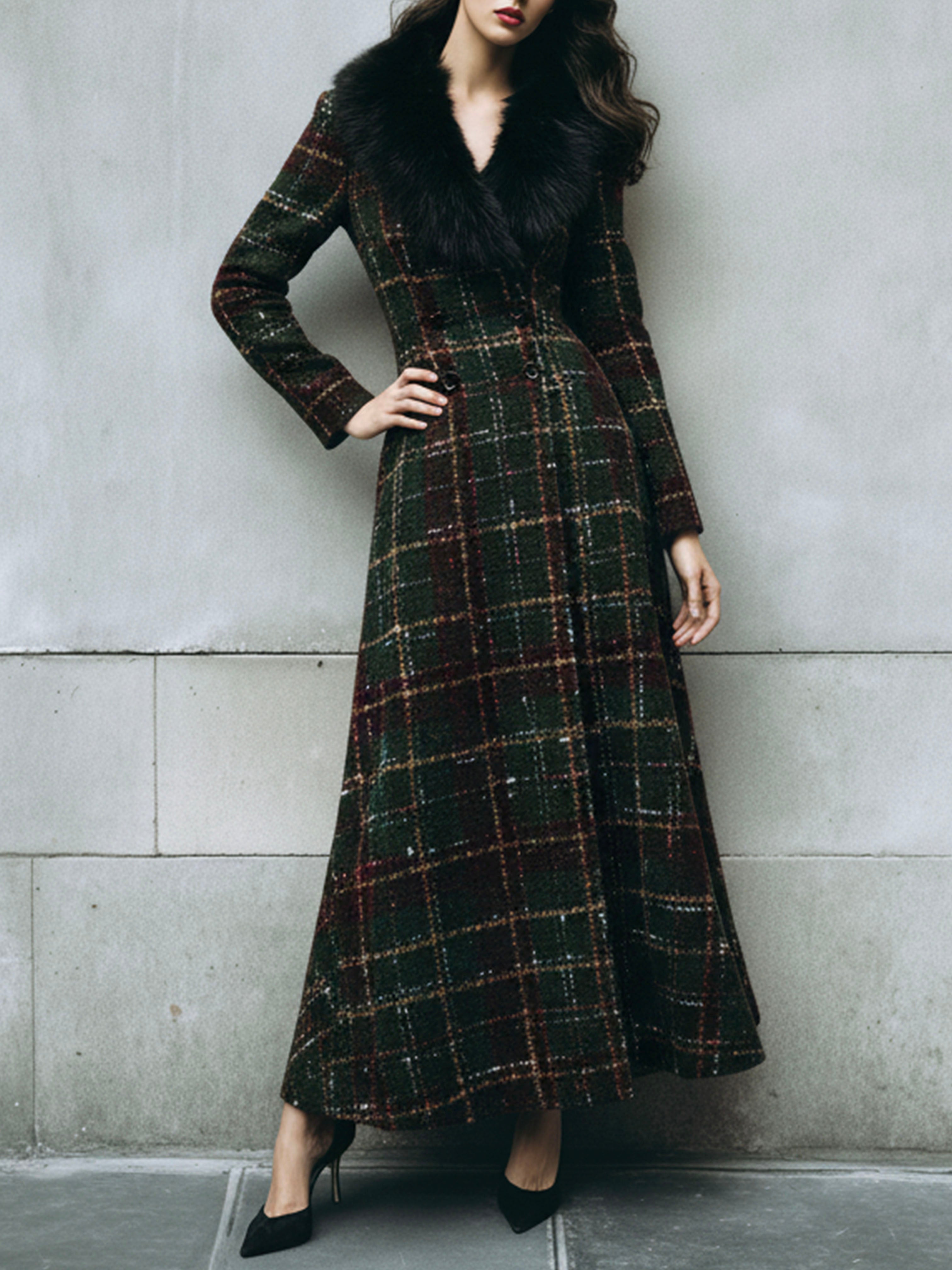 Vintage Plaid Wool Maxi Coat With Eco Fur Collar