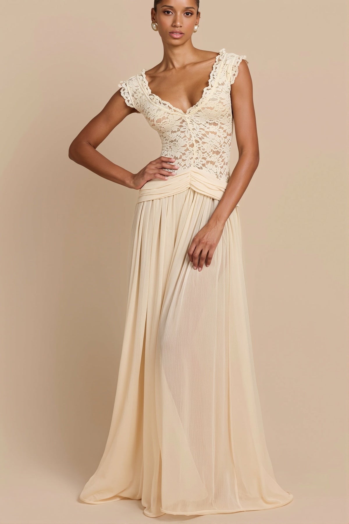 Lace Bodice Off Shoulder Chiffon Maxi Bridal Gown