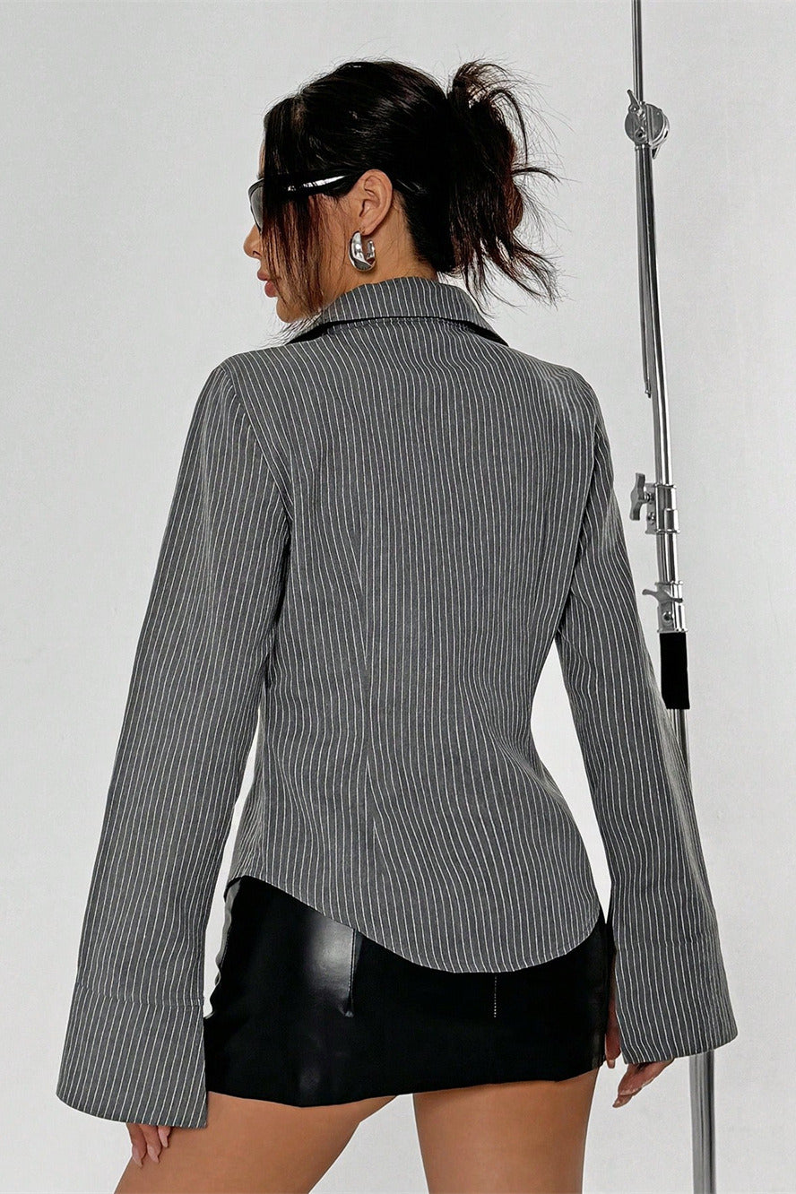 Button Striped Long Sleeve Cardigan Blouse for Stylish Comfort