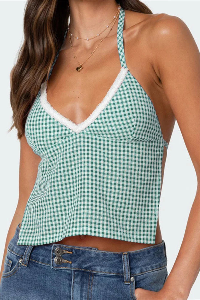 Plaid Halter Backless Deep V-neck Crop Top