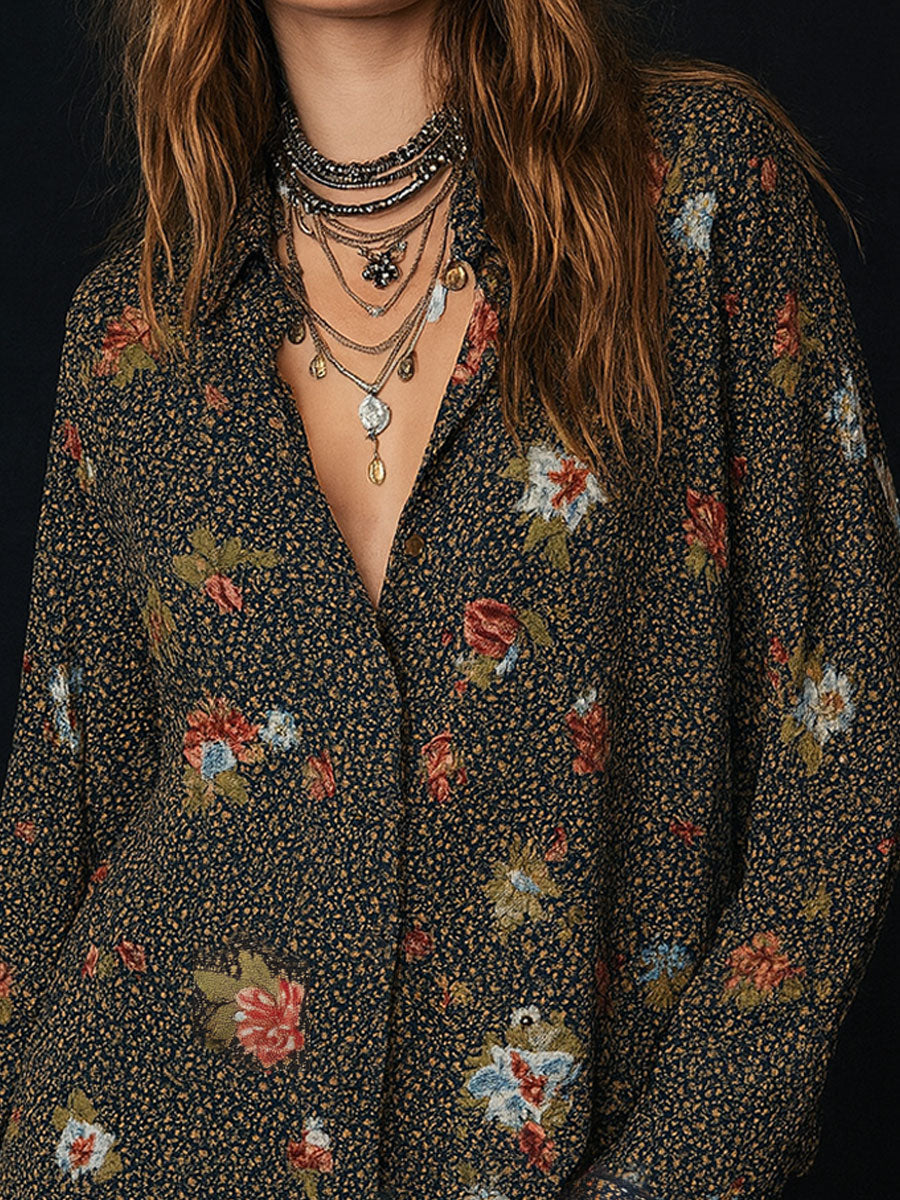 Retro Floral Print Curved Hem Ruffled Sleeves Blouse - Fashionpara