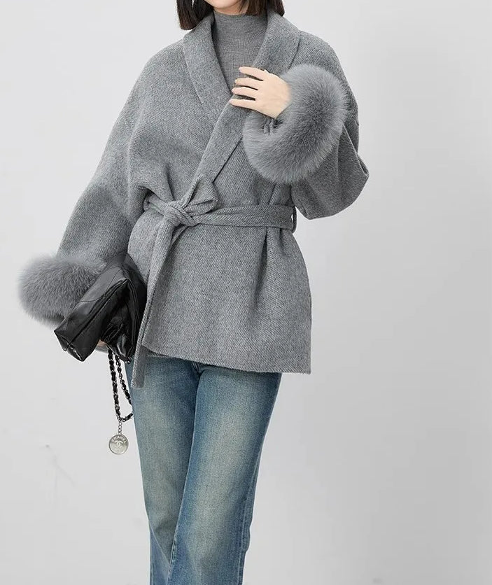 Cashmere Coat With Fur Cuffs Fox Fur Overcoat