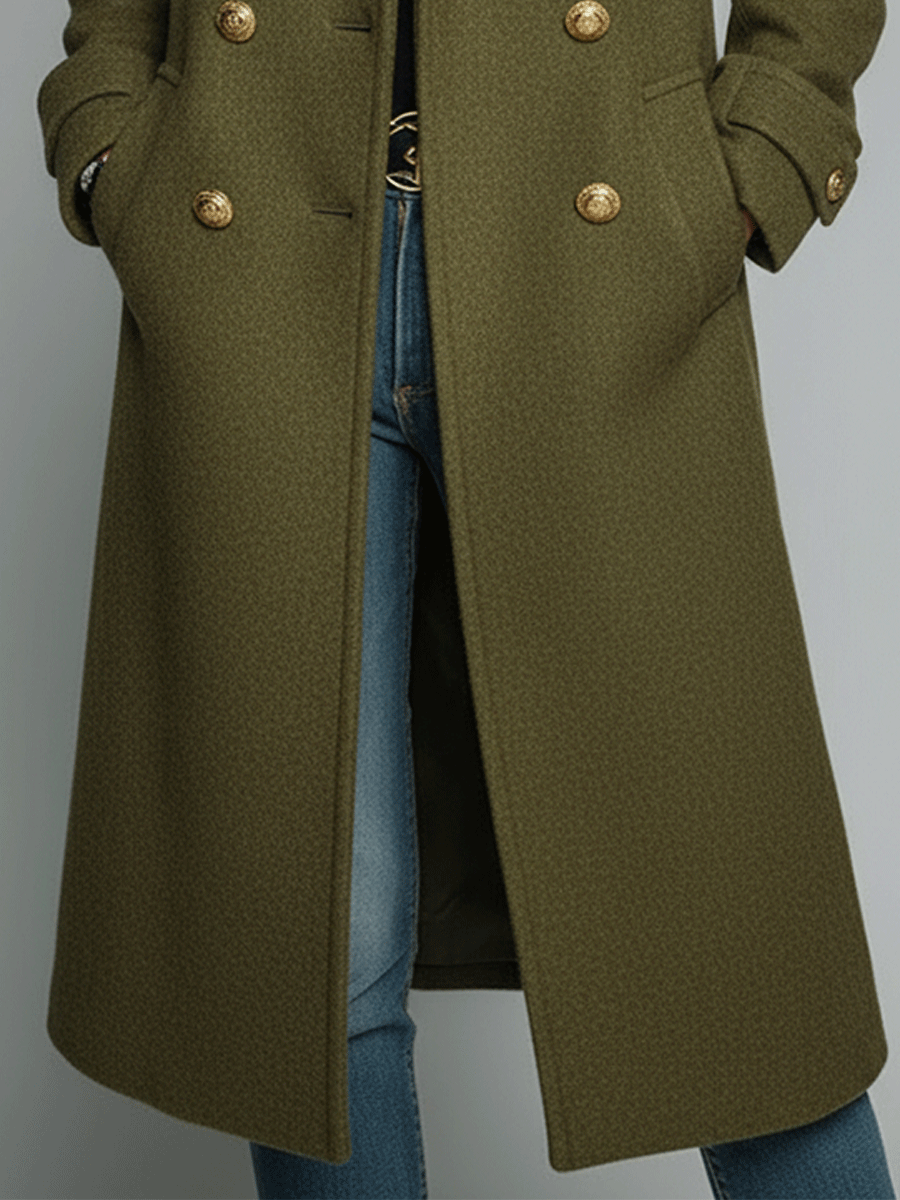 Vintage Olive Green Long Wool Blend Gold Buttons Trench Coat - Fashionpara