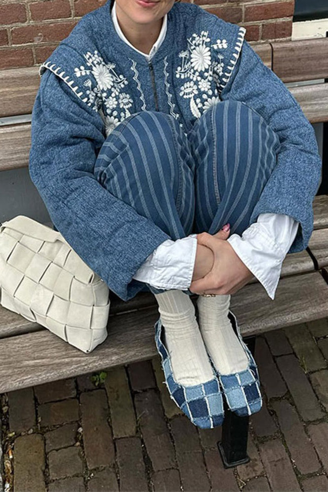 Elegant Blue Floral Cotton Coat for Stylish Comfort