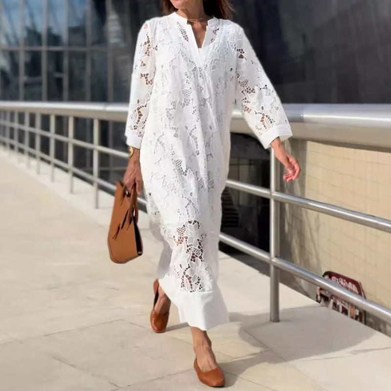 Eyelet Lace Long Sleeve Standing Collar Wide Hem Band Maxi Dress