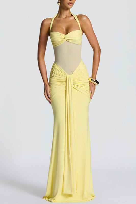 Halter Twist-Front Mesh Panel Ruched Mermaid Gown