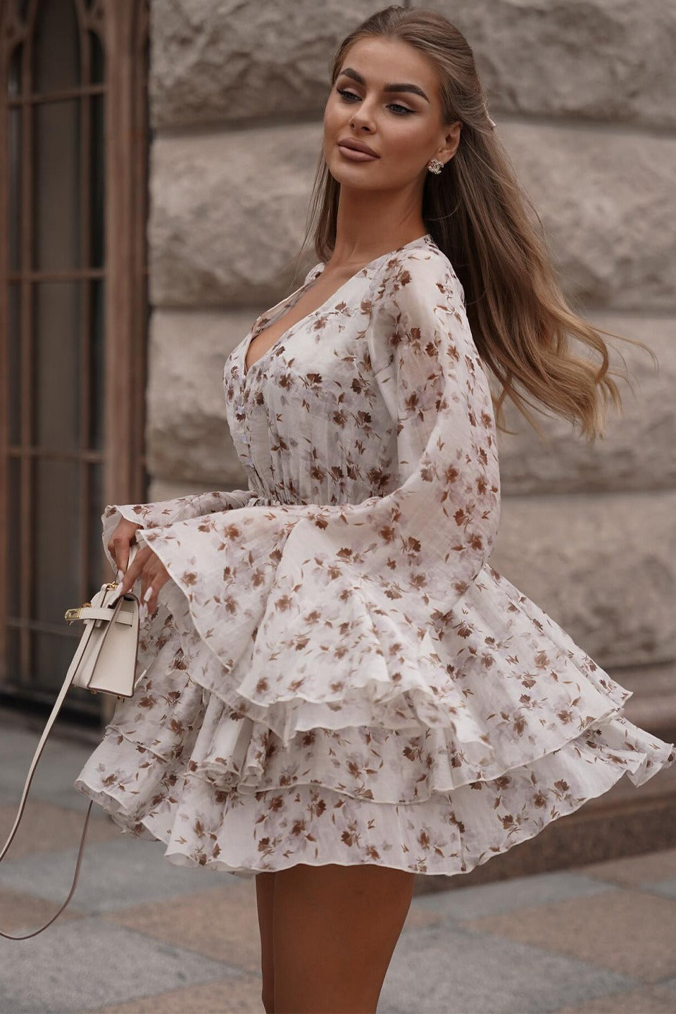 Floral Print V-Neck Bell Sleeve Tiered Ruffle Mini Dress