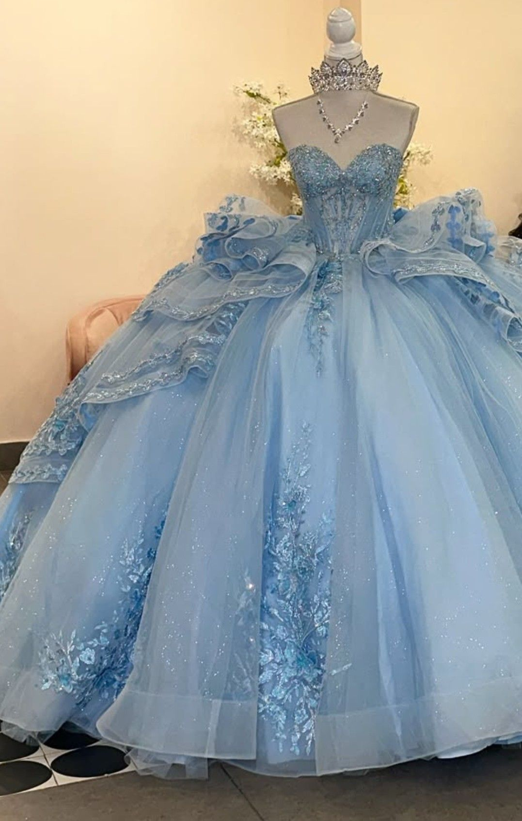 Sweetheart Sweet 15 Ball Gown Blue Tulle Prom Dress - Fashionpara