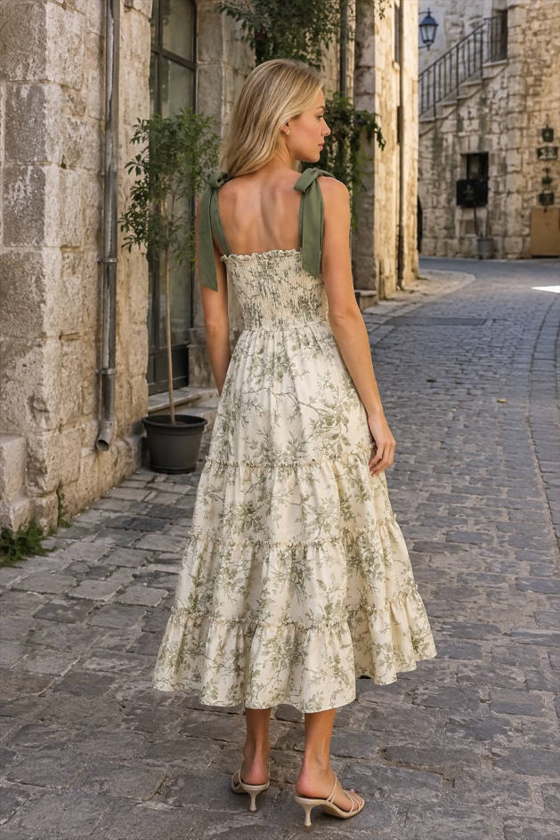 Floral Print Tie-Shoulder Shirred Tiered Midi Dress