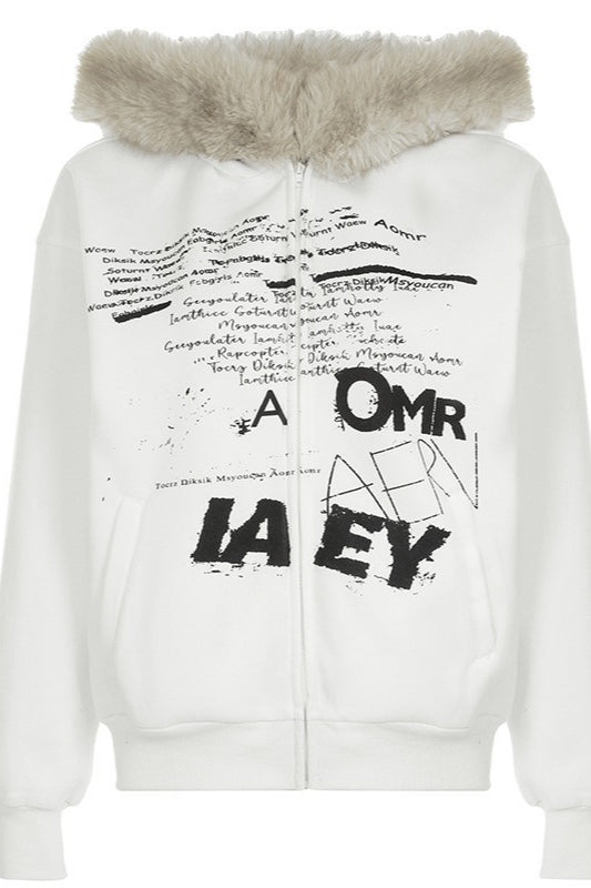 Faux Fur Graffiti Zip Hoodie 4
