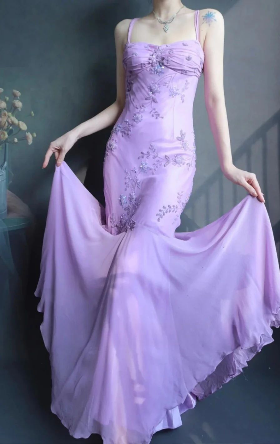 Classy Spaghetti Straps Lavender Chiffon Beaded Mermaid Evening Gown Long Prom Dress D885