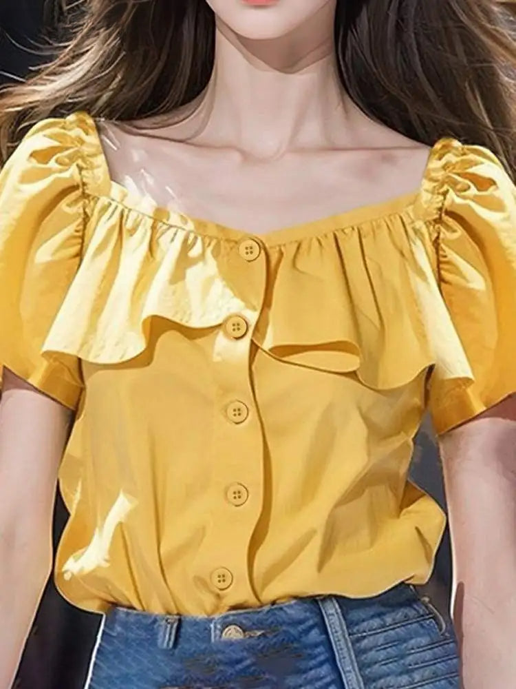 Sexy Square Collar Short Sleeve Casual Blouse