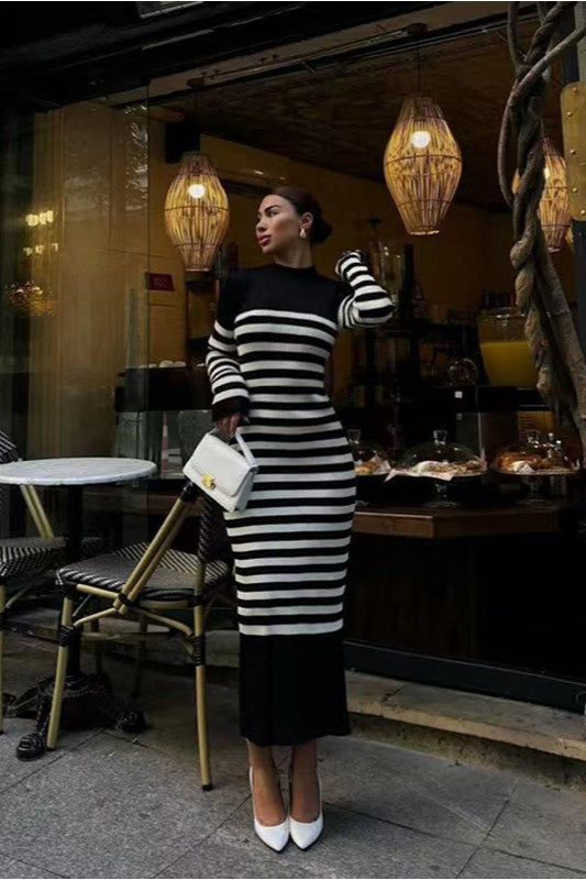 Youthful Striped Knit Pencil Sweater Dress