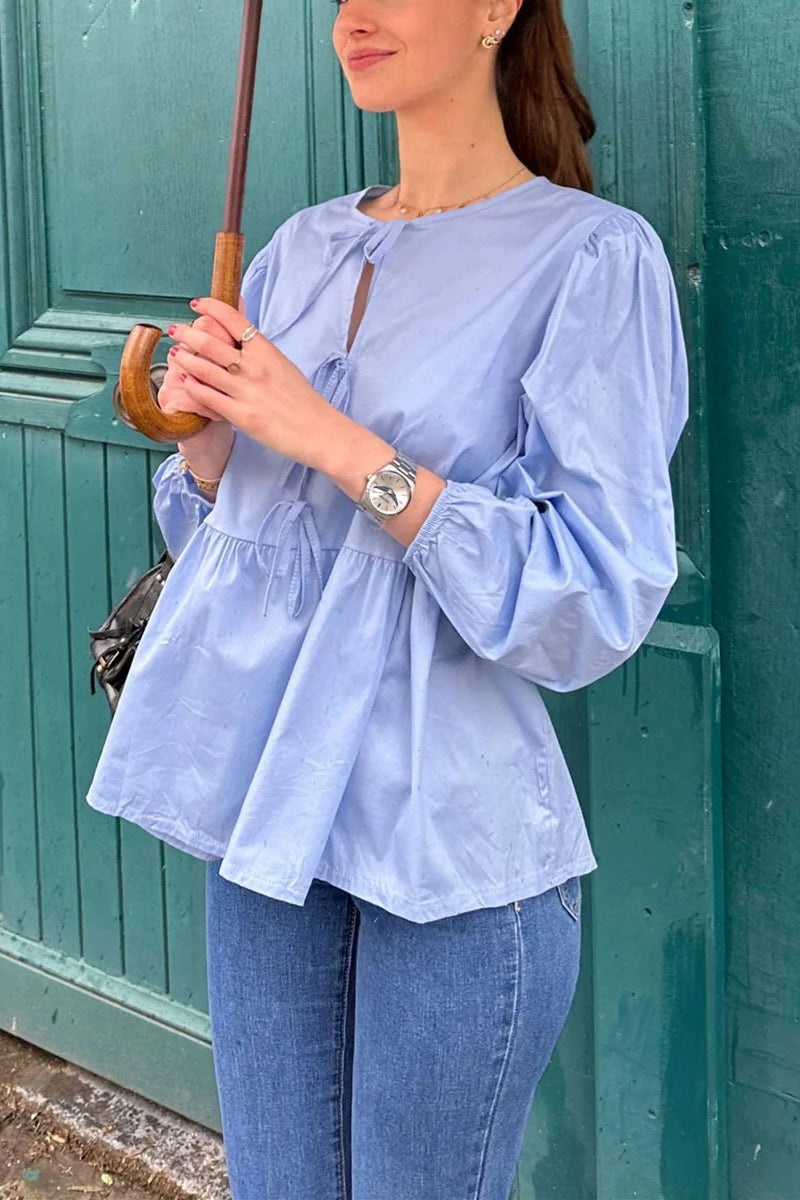 Striped Loose Fit Lace-Up Round Neck Blouse