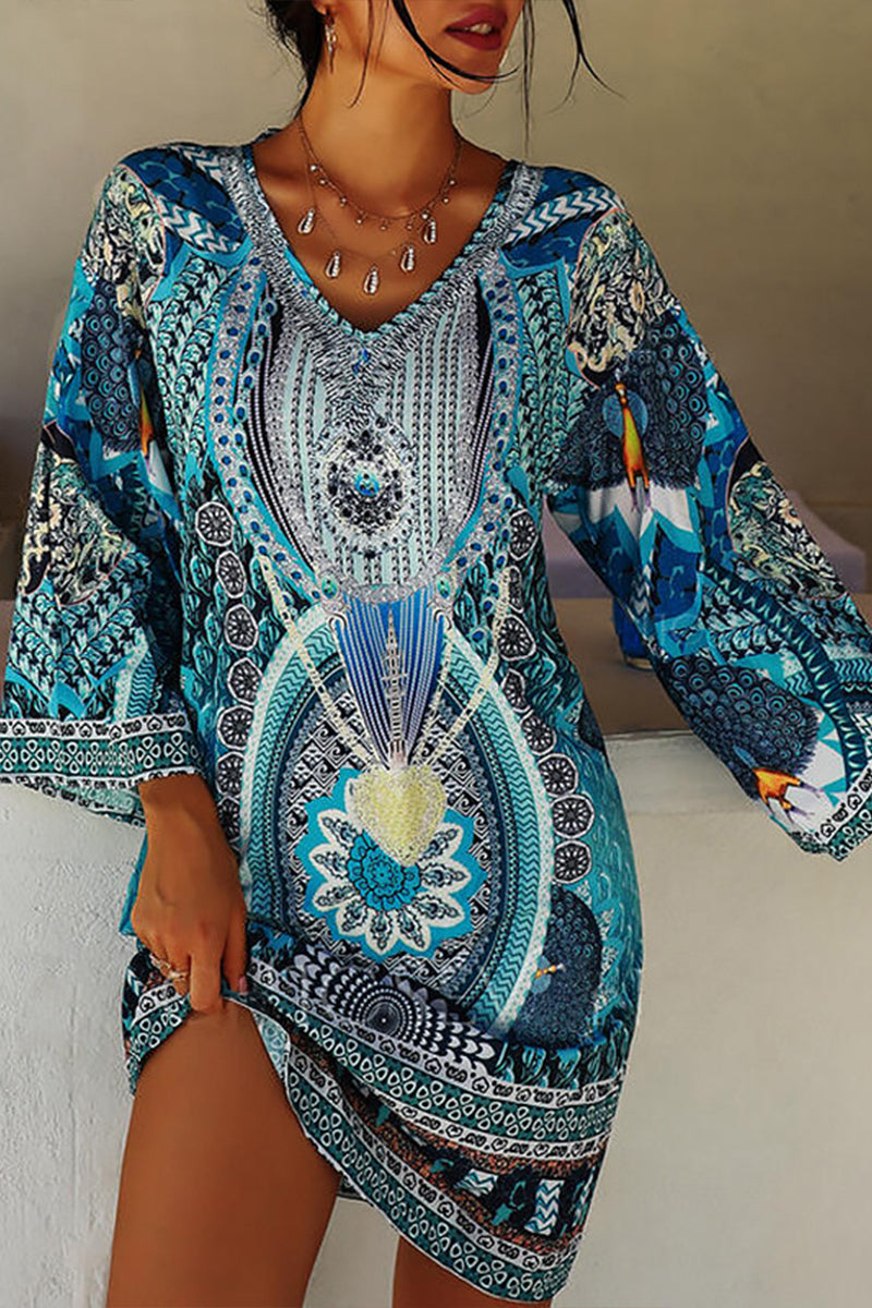 Bohemian Print Long Sleeve V Neck High Waist Mini Dress - Fashionpara