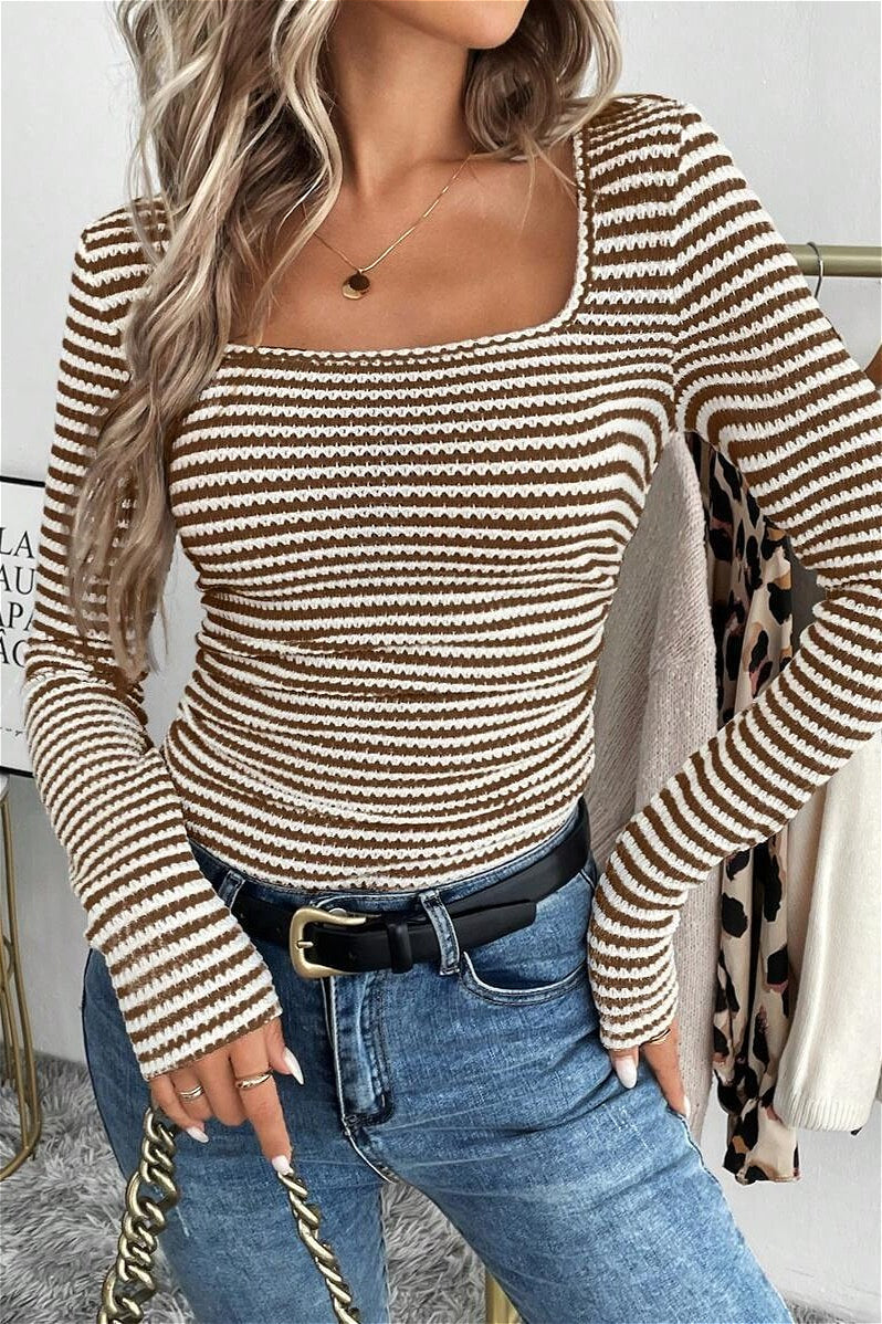 Striped Openwork Square Neck Blouse