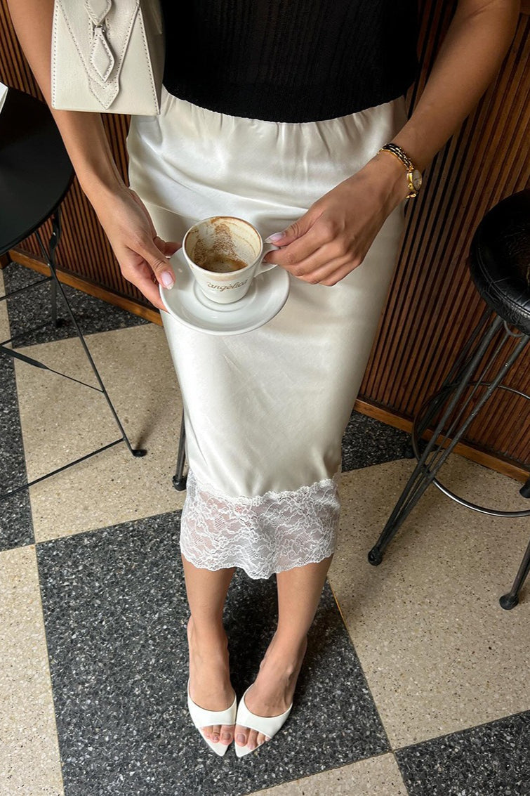 Lace-Hem Satin Midi Skirt
