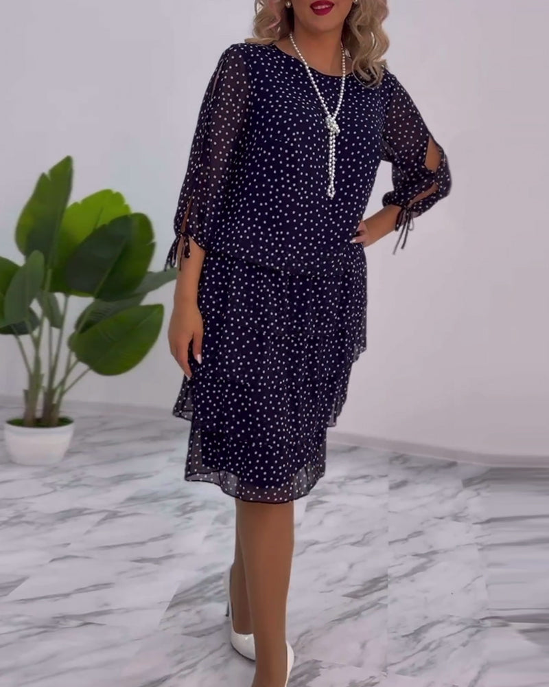 Polka Dot Chiffon Three Quarter Sleeve Tie Cuff Tiered Midi Dress - View 3