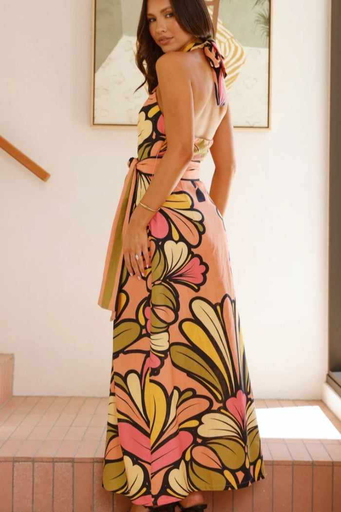 Floral Print Halter Belted Waist Maxi Dress