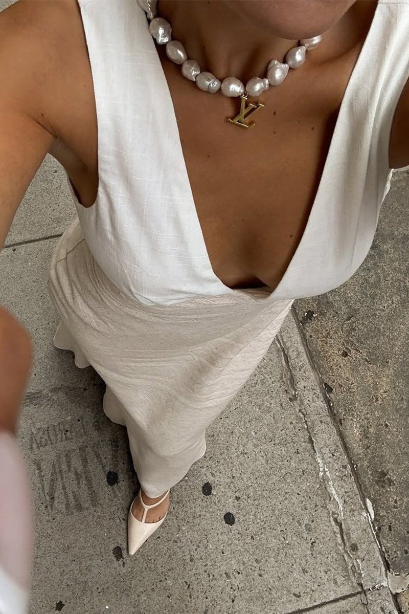 Satin Deep V-Neck Empire Waist Bias Maxi Dress
