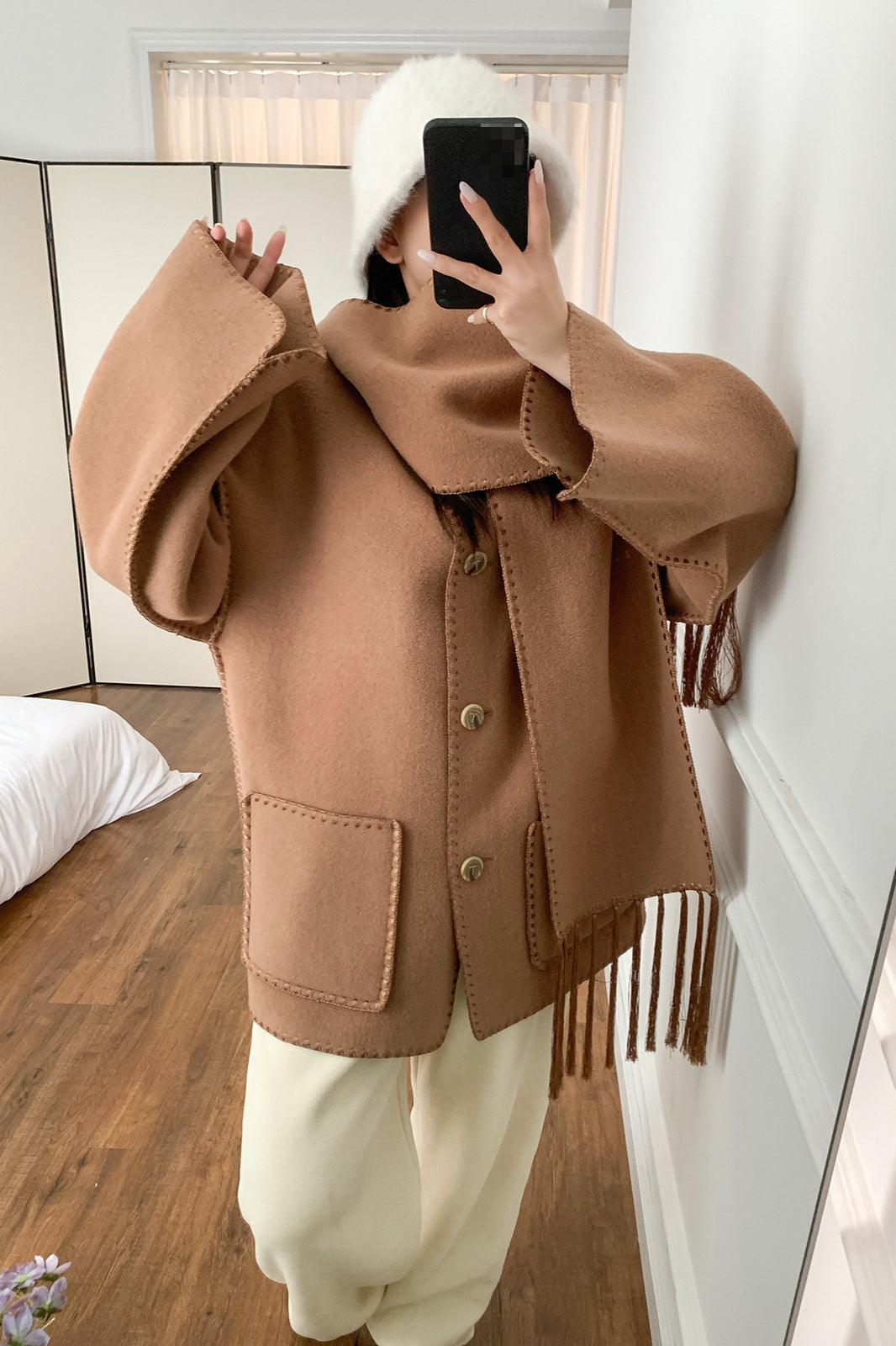 Scarf Collar Tassel Solid Wool Embroidered Coat