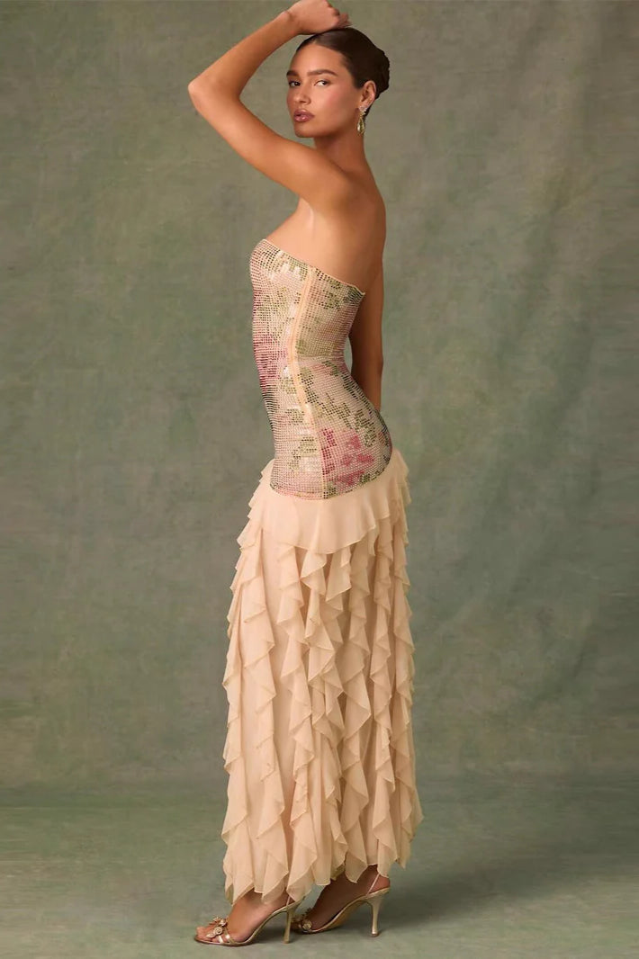 Strapless Rhinestone Floral Ruffle Hem Maxi Dress