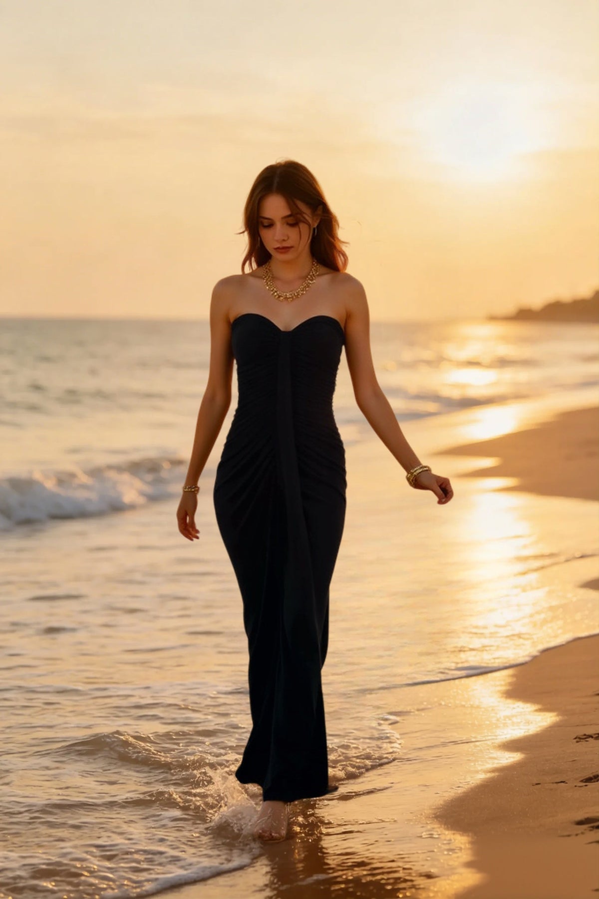 Strapless Sweetheart Twist-Front Ruched Maxi Dress
