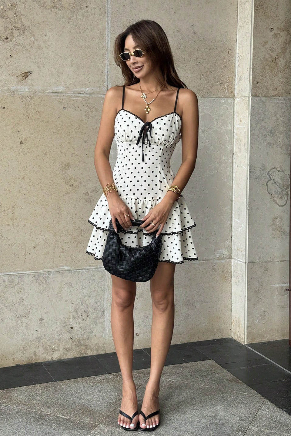 Polka Dot Sweetheart Spaghetti Strap Tiered Ruffle Mini Dress