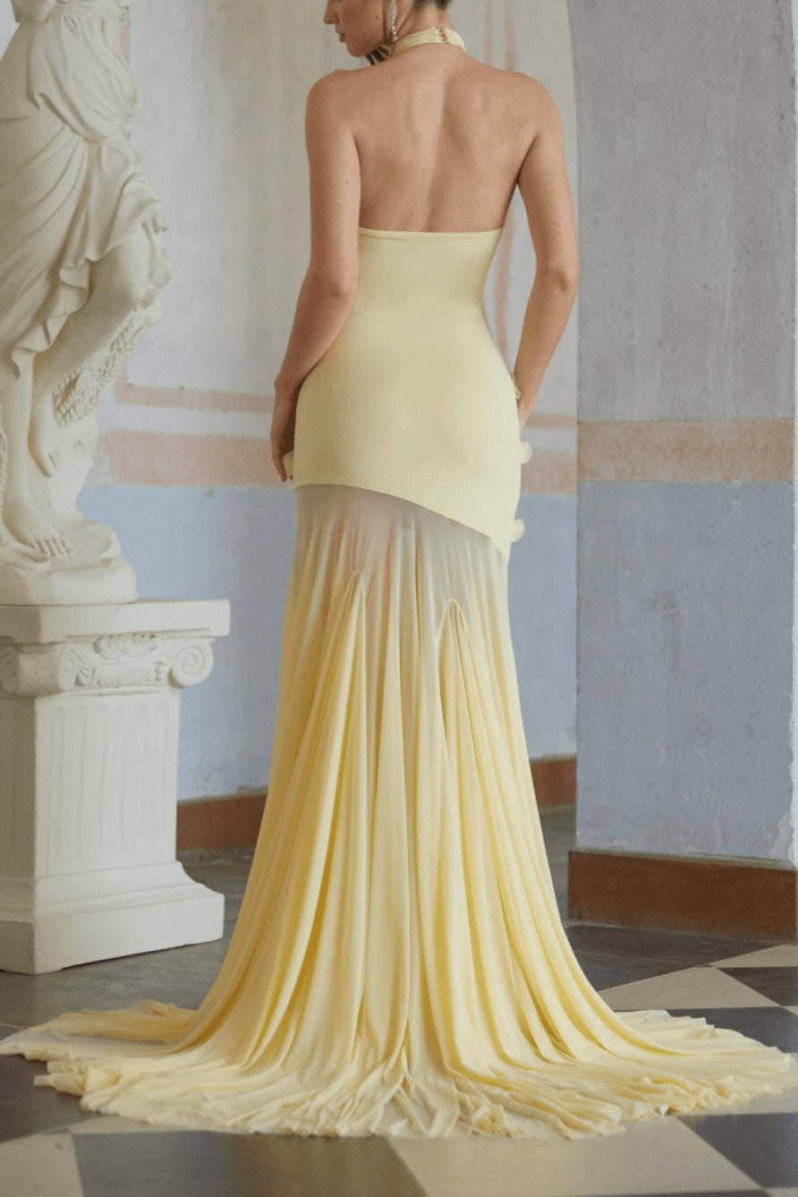 Satin Halter Cowl Neck Floral Applique Sheer Mermaid Maxi Gown