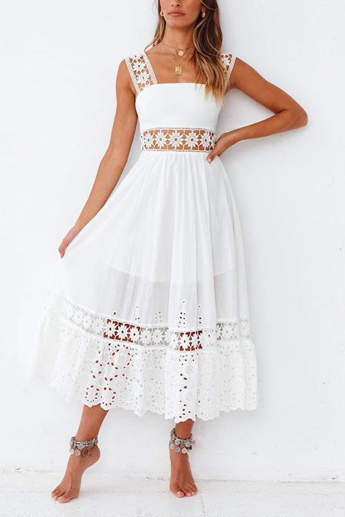 Square Neck Sleeveless Eyelet Lace Crochet Waist Midi Dress - View 9