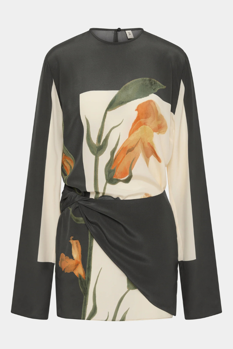 Constance Floral Print Twist Waist Long Sleeve Lightweight Mini Dress - Fashionpara