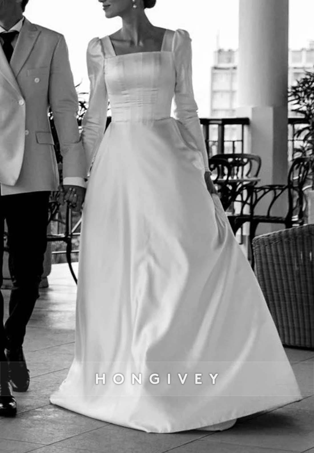 Pleated Square Court Train A-line Long Sleeve Vintage Wedding Dress