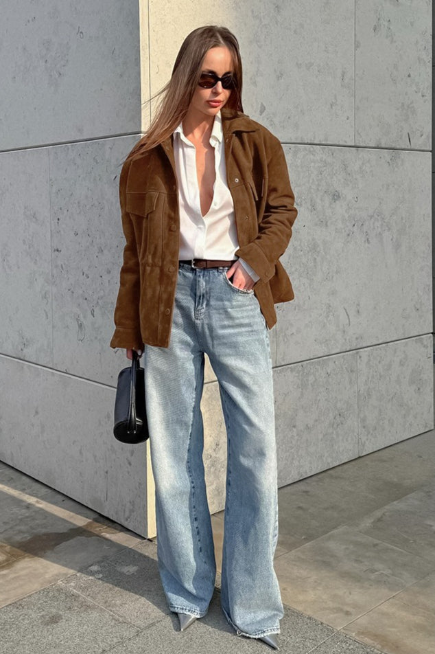Cinched Waist Faux Suede Utility Jacket