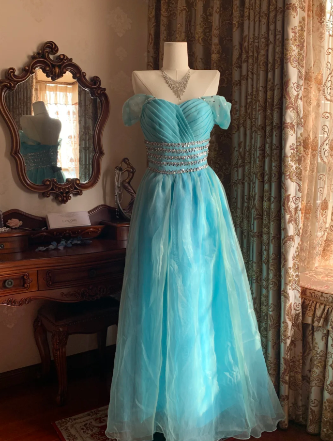 Cute Off The Shoulder Blue Tulle Beaded A Line Princess Party Dress Long Evening Gown D1714