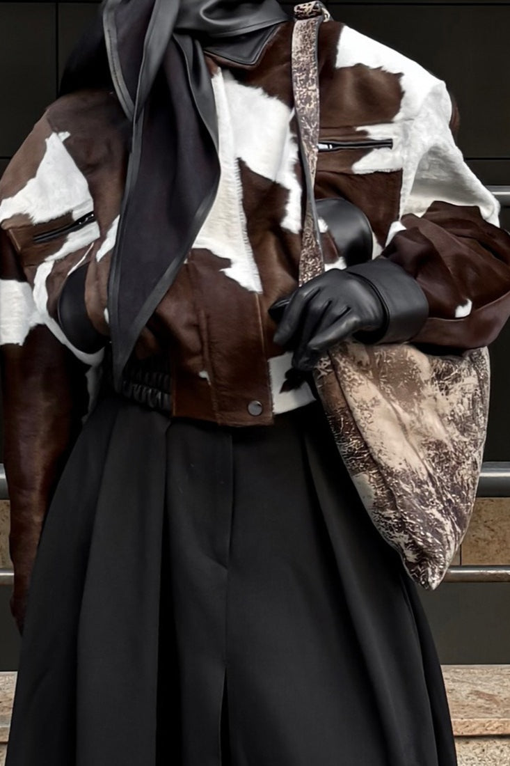 Cow Print Faux Leather Notch Collar Coat for Chic Style