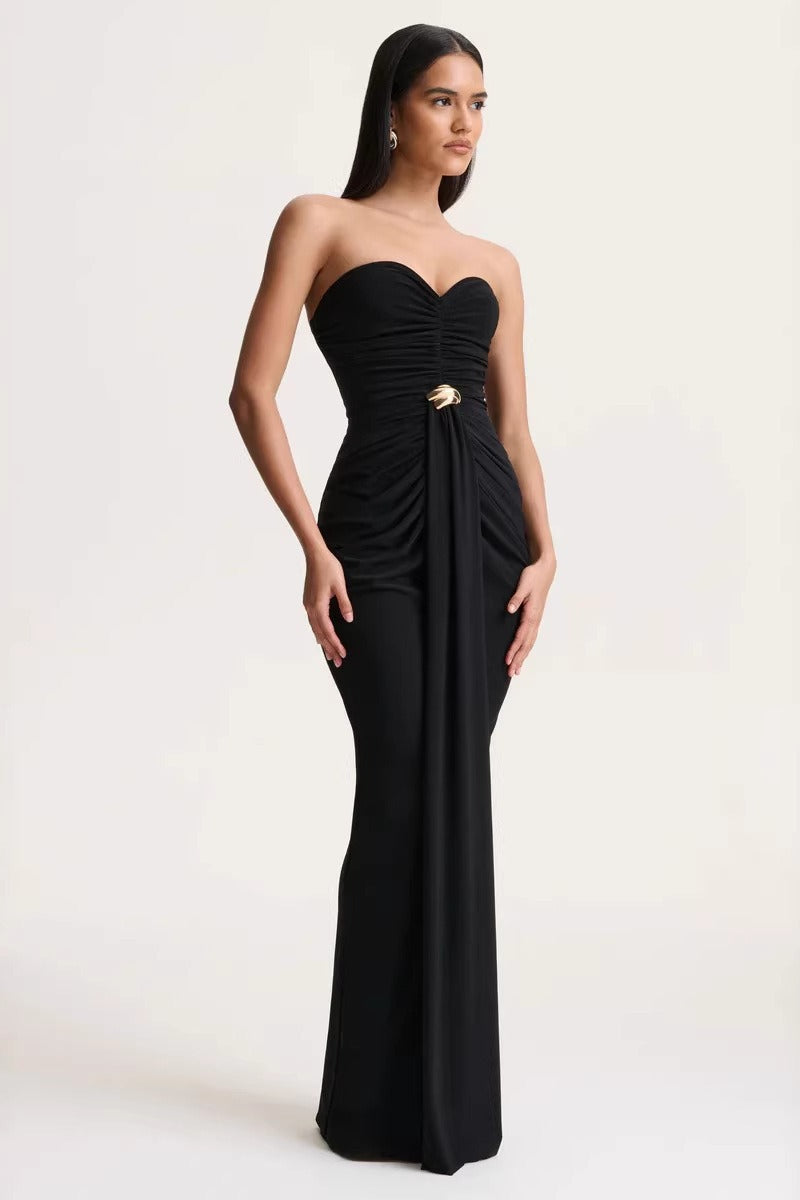 Strapless Sweetheart Ruched Gold Ring Draped Maxi Gown