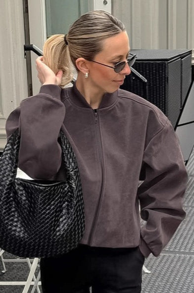 Suede Stand Collar Bomber Jacket