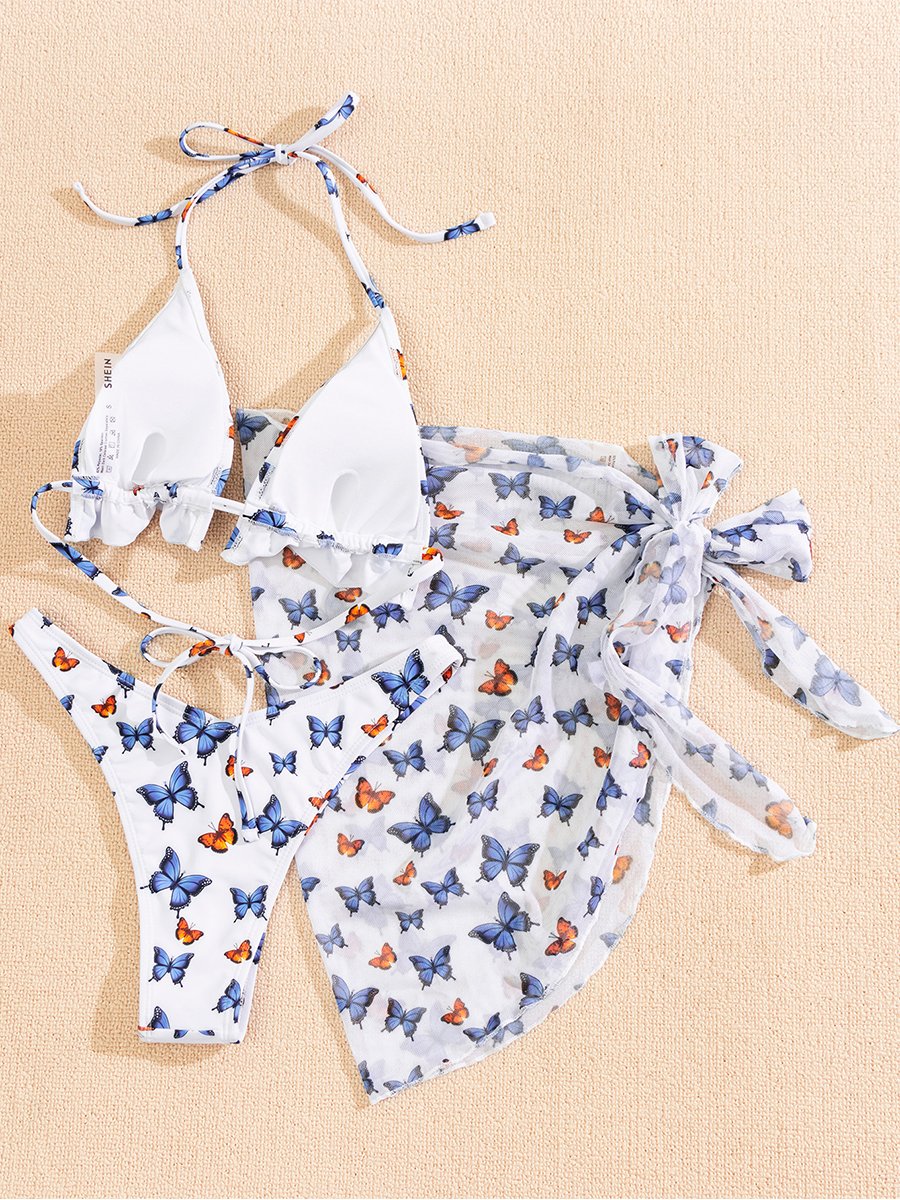 Three Piece Bathing Suit With Butterfly Print - Fashionpara