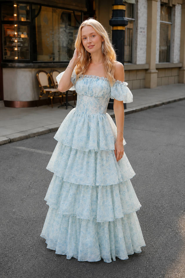Floral Print Off-Shoulder Puff Sleeve Tiered Maxi Dress