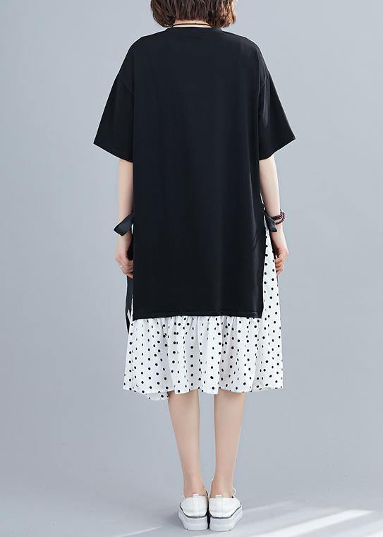 Polka Dot Panel Crew Neck Short Sleeve Side Tie Ruffle Hem Midi Dress - View 4