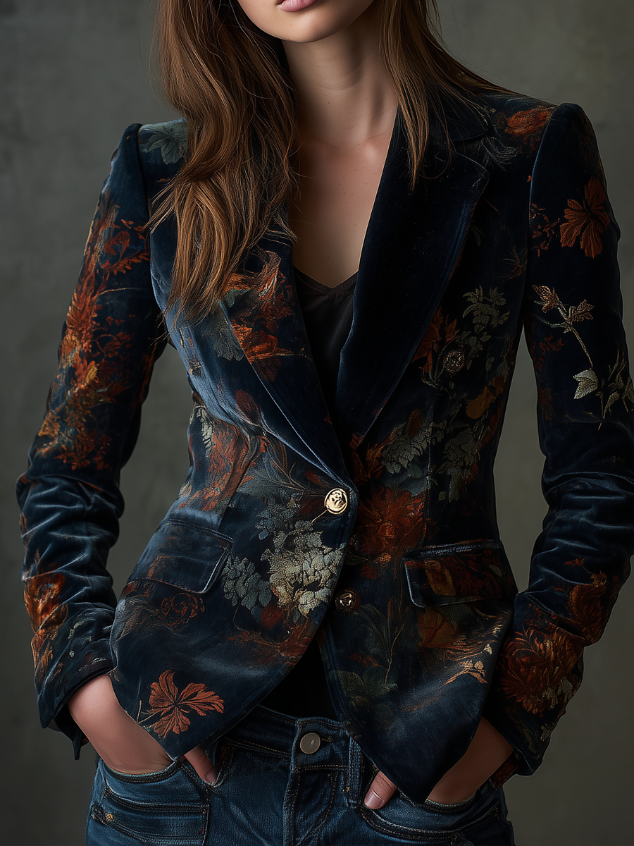 Floral Print Velvet Single Button Blazer