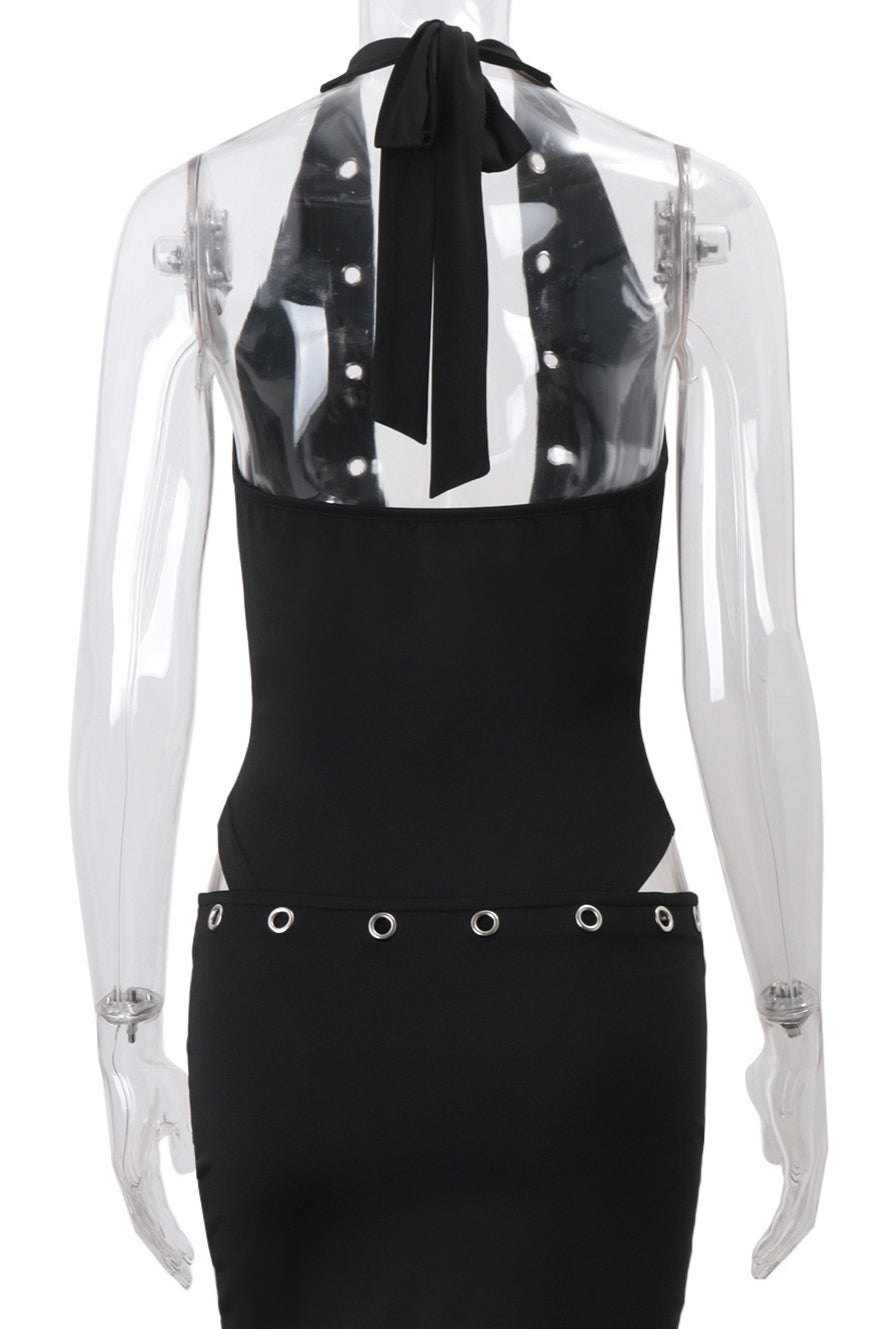 Black Grommet Halter Mini Skirt Set