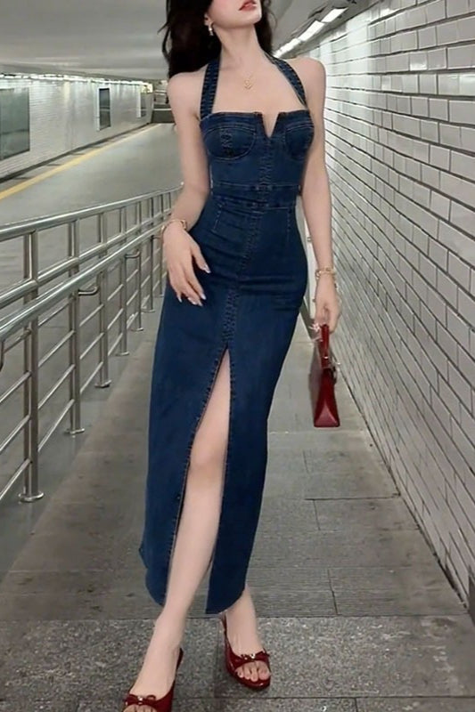 Denim Halter Neck Front-Slit Bodycon Maxi Dress