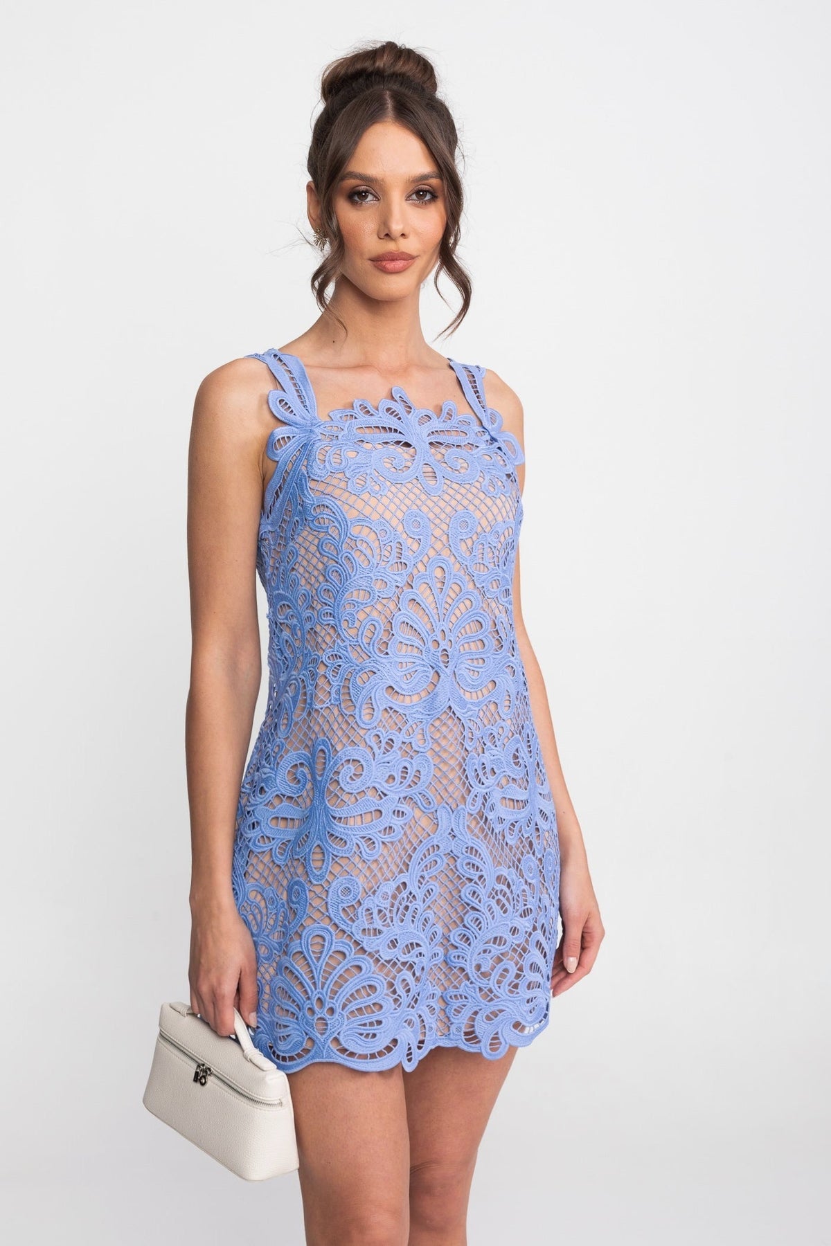 Guipure Lace Sleeveless Mini Dress With Scallop Hem - Light Blue