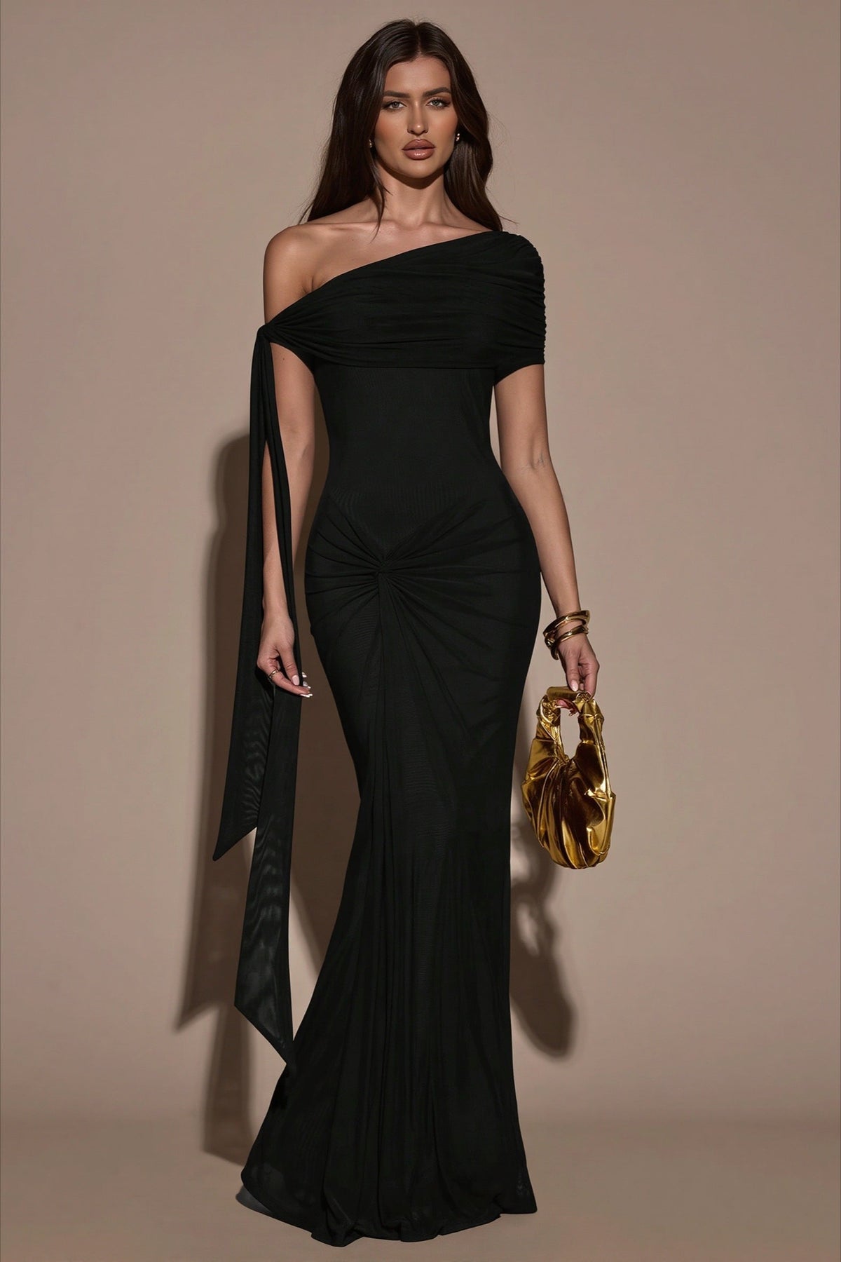 One Shoulder Draped Ruched Twist-Front Dress