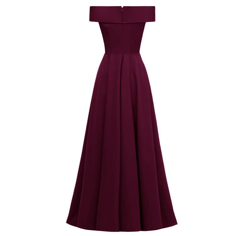 Off Shoulder Box Pleat Fitted Waist A-Line Maxi Formal Gown