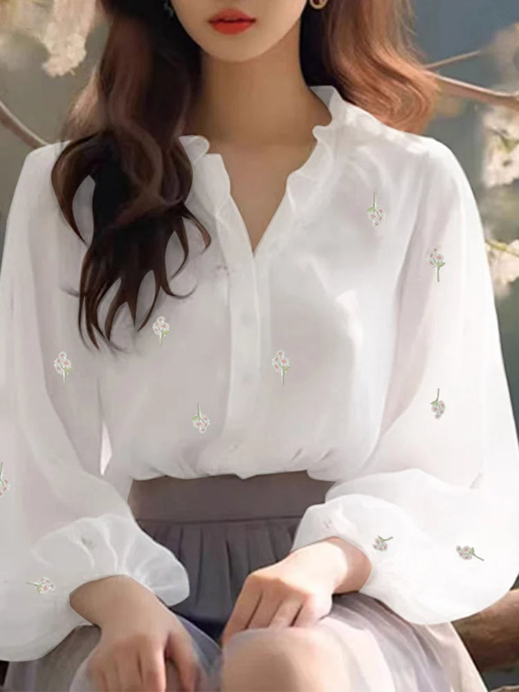 Floral Print Ruffle Collar Blouse Casual Tunic