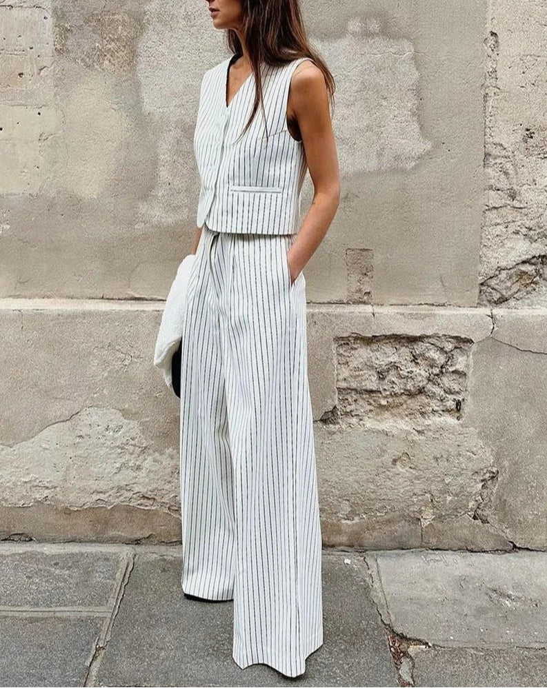 Stripe Print Loose Wide Trousers Office Two Piece Set