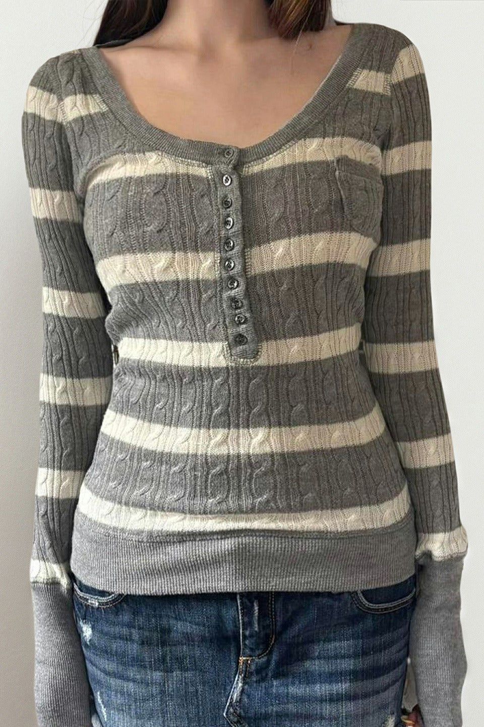 PrincessAce Cable Knit Striped Square Neck Sweater
